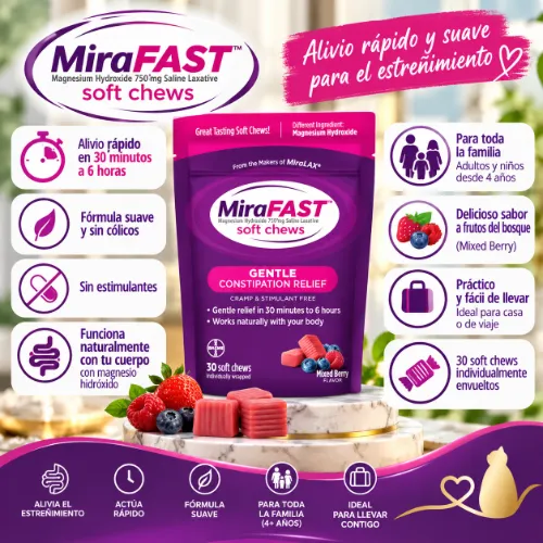Laxante Masticable MiraFAST Soft Chews – Alivio Rápido y Suave del Estreñimiento | 30 cu