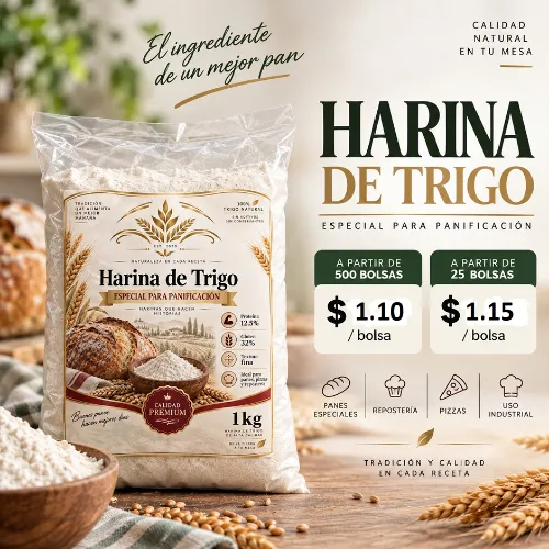 Harina de trigo bolsas de 1 kg, al x mayor 20,000 kg