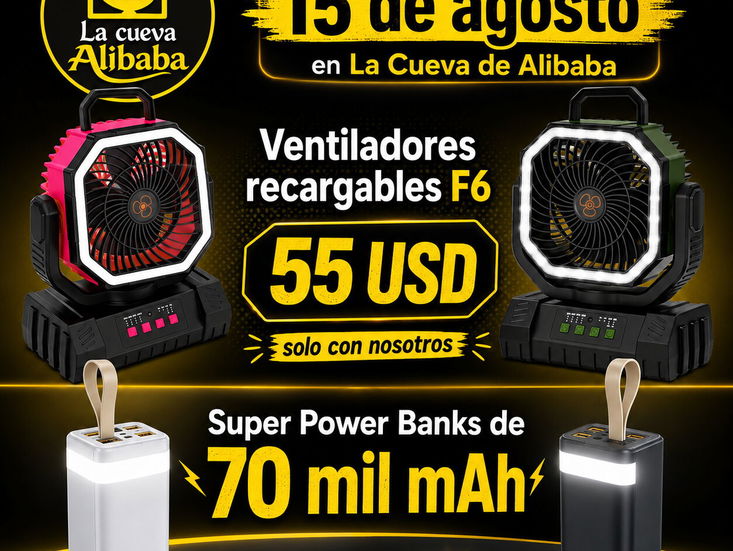 Ventilador recargable F6S 20000 mah y cargador portatil 70000 mah