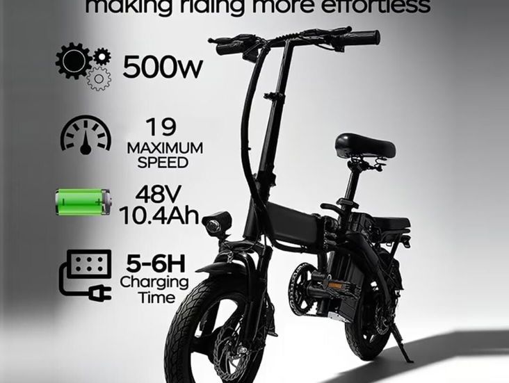 Bicicleta plegable Motor: 500 W brushless de alta velocidad. ​Velocidad máxima: 19 mph (aprox. 30 km/h). ​Bate