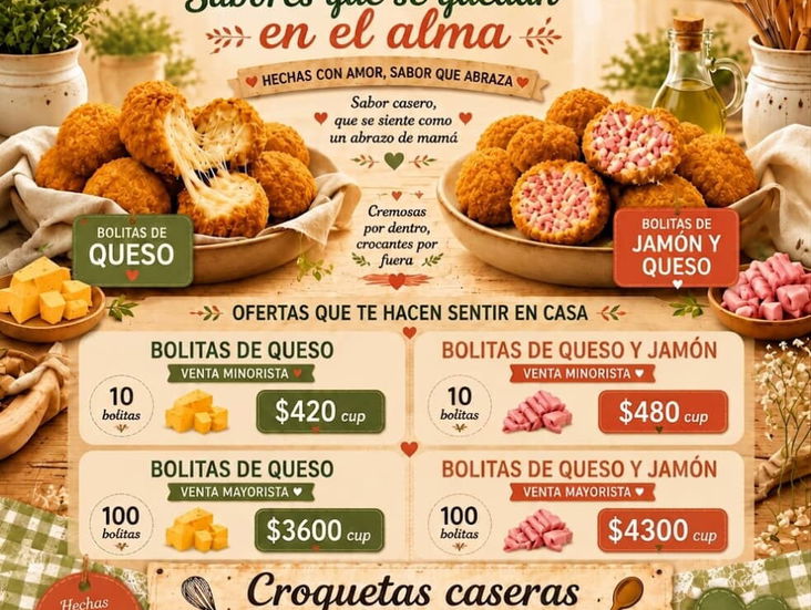 Croquetas de pollo, croquetas de Jamón, croquetas de queso, Bolitas de Queso, Bolitas de Jamón y Queso, cakes