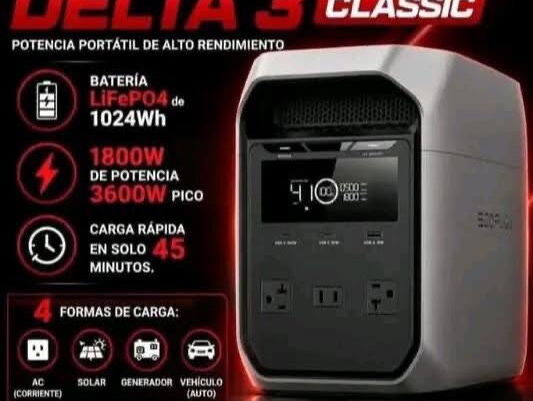 Ecoflow delta 3 clásica de 1800 watts con pico de 3600 y 1024 watts horas