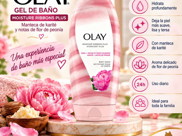 Gel de Baño Olay Moisture Ribbons Plus – Manteca de Karité y Flor de Peonía 18 oz