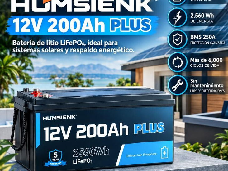 Humsienk PLUS 12V 200Ah Batería de litio LiFePO4, ideal para sistemas solares y respaldo energético. 12V · 200