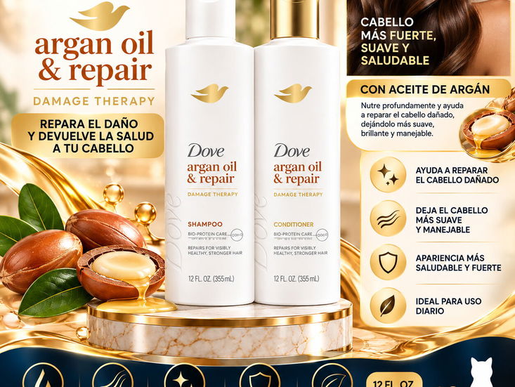 Champú y Acondicionador Dove Argan Oil & Repair – Reparación para Cabello Dañado 12 oz c/u