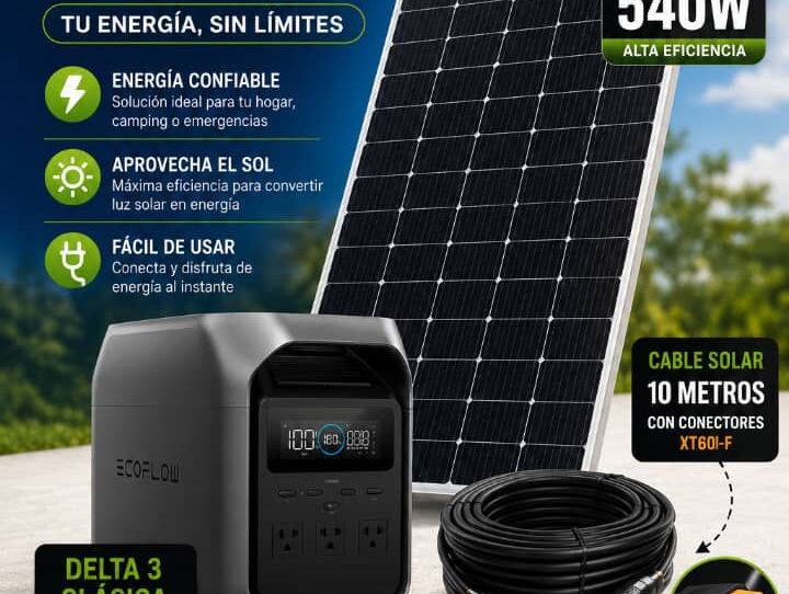 Kit de Ecoflow Delta 3 Classic con su panel solar bifacial de 540W y su cable de conexión de 10 Metros